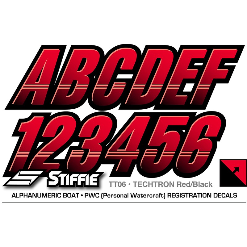 STIFFIE Techtron Red/Black 3" Alpha-Numeric Registration Identification Numbers Stickers Decals