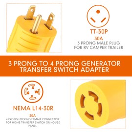 Kanayu Generator Transfer Switch Adapter Compatible with NEMA TT-30P Male to L14-30R Female, 30 Amp 3 Prong to 4 Prong Lock RV Generator Plug Adapter to House Inlet Box(Yellow)