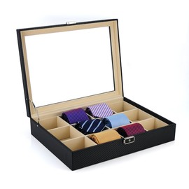 Tie Display Case for 12 Ties, Belts, and Men's Accessories Black Carbon Fiber Storage Box Father's Day