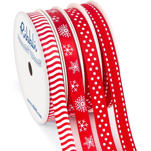 Ribbli Christmas Ribbon,Red and White Candy Cane/Snowflake/Polka Dots/Stitch Ribbon for
