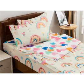 NTBED Rainbow Printed Zipper Bedding Sets Full Lightweight Microfiber Heart Comforter Sets with Fitted Sheet Pillow Covers,Beige