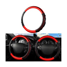 Mandark Car Steering Wheel Cover, Carbon Fiber Leather Vehicle Steering Wheel Protector, Sport Style and Anti-Slip Auto Interior Accessories, 15 Inch Universal for SUV, Truck, RV（Black/Red）