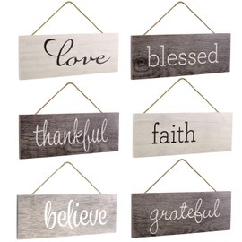 EXCELLO GLOBAL PRODUCTS Hanging Home Decor Sign with Sawtooth Hook and Jute Hanging Rope (Grateful, Love, Believe, Thankful, Faith, Blessed)