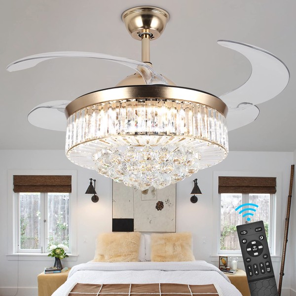 Panghuhu88 36" Invisible Ceiling Fan Chandelier Light,Modern Crystal Ceiling Fan Light Remote Control 4 Retractable ABS Blades for Bedroom Living Room Dining Room Decoration (Gold)