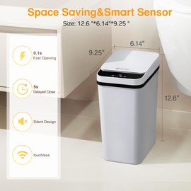 LJIACLEA Bathroom Smart Touchless Trash Can for Kitchen 2.6 Gallon Automatic Motion Sensor Rubbish Can with Lid Waterproof Narrow Small Garbage Bin for Kitchen, Toilet, Bedroom, RV(Grey,Battery)