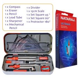 Geometry Maths Instrument Set SCHOOL Kids & Adult Office Art Metal Tin (ULTIMAX 11 Pcs Maths Tin Set)