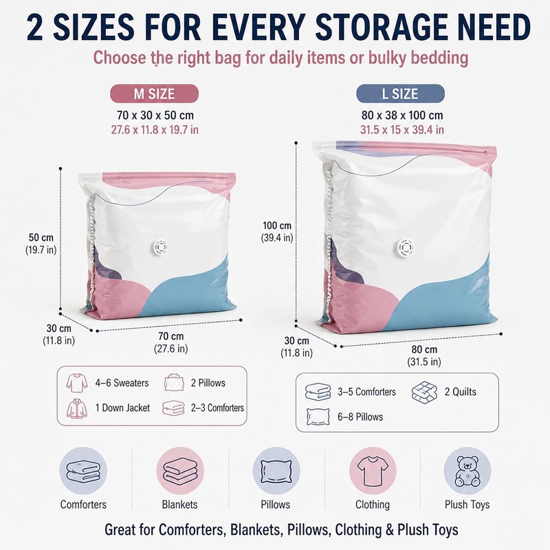 No-Pump Vacuum Storage Bags, Press & Seal Compression Bags, Space