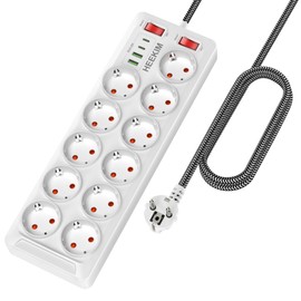 Steckdosenleiste mit USB, 11 Fach Mehrfachsteckdose mit Schalter 2 USB-A und 2 USB-C Ports, 4000W 16A, Steckdosenleiste mit 2 Schaltern für Haus, Schule, Büro, 2M Verlängerungskabel - Weiß