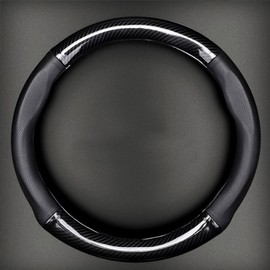 Round and D Shape Carbon Fiber and PU Leather Steering Wheel Cover Car Steering Wheel Protector Suitable for 37-38cm (14.5-15 Inch) Diameter Steering Wheel Auto Interior (Bright Black-Round)