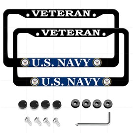 2 Pcs Veteran License Plate Frame for U.S. Navy,Black Matte Aluminum USN Car Plate Cover Holders with Screw Caps