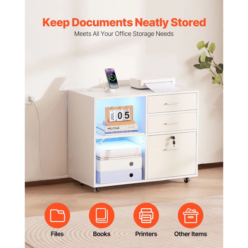 Adjustable Shelves 3-Drawer Wooden Mobile Filing Cabinet Lockable Rolling File