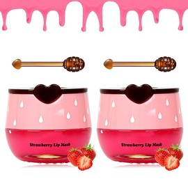 Bee Lip Balm Honey Pot Set – 4 PCS Strawberry & Honey Lip Masks for Deep Hydration and Exfoliation, Nourishing Lip Scrubs, Overnight Lip Sleep Mask to Reduce Fine Lines and Prevent Dry, Cracked Lips - Specification: 2 * Strawberry