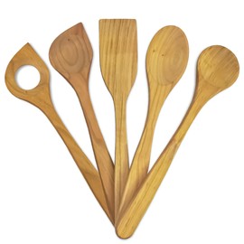 SOHFA 5-Piece Kitchen Utensils Made of Cherry Wood | Made in Europe Sustainable Cooking Utensils | Wooden Kitchen Utensils: 1x Spatula with Hole and 4x Different Wooden Cooking Spoons