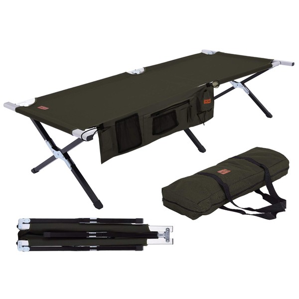 Tough Outdoors Camp Cot [Large] with Free Organizer & Storage Bag - Military Style Folding Bed for Camping, Traveling, Hunting, and Backpacking - Lightweight, Heavy-Duty & Portable Cots for Adults