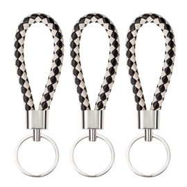 PPhtony Braided Leather Key Fob Car Keychain Ring Woven Strap Keychain Accessories for Men Women Birthday Christmas Gifts (3, Black & White)