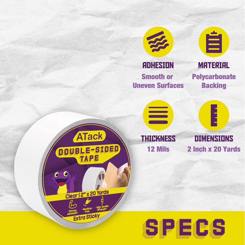 ATack Extra Sticky Clear Double-Sided Tape, Removable, 2-Inch x 20-Yards