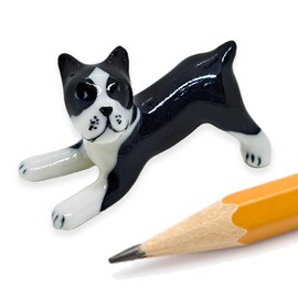 ChangThai Design Tiny 1⅛" Black White Stretching French Bulldog Frenchie Dog Figurine - Miniature Hand Made Ceramic Dogs Puppy Canine Animals Cute Porcelain Decorative Collectible Figure Décor Gifts