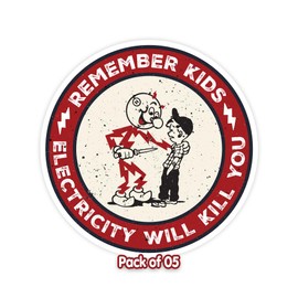 Remember Kids Electricity Will Kill You Sticker - Hard Hat Stickers, Reddy Kilowatt Warning Stickers; Set of 5 - Ideal for Electrician's Hard Hat, Laptop, Water Bottle, Car, and Helmet