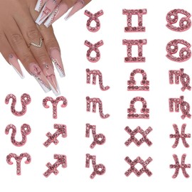24Pcs 12Constellation Nail Charms Pink Alloy Zodiac Sign Charms for Acrylic Nails 3D Rhinestone Jewelry Nail Charms for Women Girls DIY Manicure Designs Nail Accessories Decorations Crafts