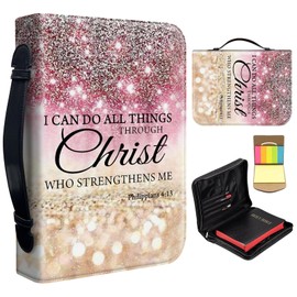 Bible Cover Case for Women Men,Large Leather Bible Case Fit Book Up to 11x8x2.4 INI can do All Things Through Christ Bible Covers Bible Study Carrier Church Bags w/Handle Zipper