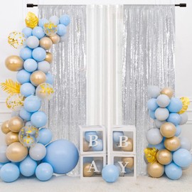 SquarePie Sequin Curtain 2FT x 8FT Silver 2pcs Backdrop Background for Wedding Party Christmas