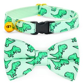 Cat Bow Collar, Green Dinosaur Pattern, Quick Release Safety Buckle, (6" - 10")