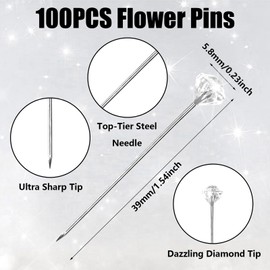100Pcs Diamond Encrusted Crystal Flower Pins, 39mm Acrylic Diamante Head Floral Pins, Sparkly Clear Diamond Bouquet Pins, Rhinestone Boutonniere Straight Pins, Diamond Corsage Pins for Wedding Jewelry