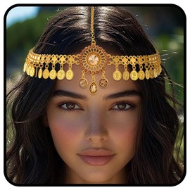 Banatra Boho Head Chain Gold Sequins Hair Chain Crystal Forehead Headpiece Festival Wedding Costume Hair Accessories for Women