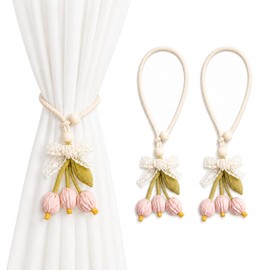Set of 2 Pink Floral Curtain Tie Ropes with Lace Bow