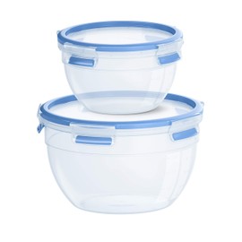 Emsa N1011600 Clip & Close Food Storage Containers, 2-Piece Set, Round (Capacity: 1.1 + 2.6 Litres, Clip-On Closure, Plastic), Transparent/Blue