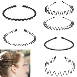 Metal Headband,Elastic Wavy Spring Wave Hair Band,6 Pcs Hair Bands for Men,Multi-Style Black Non-slip Metal Hair Hoop,Unisex Sport Fashion Hair Band Accessories for Women and Men