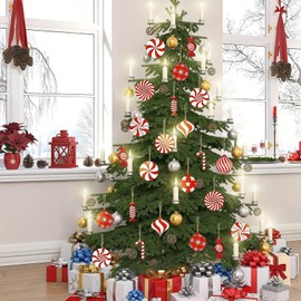 LBPEPAMZ 12 Pieces Candy Cane Ornaments Set Crutch White Red Vortex Snowflake Christmas Handing Decoration with Golden Ropes Christmas Tree Wood Carving Ornaments for Xmas Tree Home Party Decoration