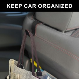 EldHus Car Seat Hooks for Purses and Bags, 4 Pack Car Purse Holder for Grocery Bag Handbag Clothes, Metal Headrest Hooks Covered by Leather, Black Red