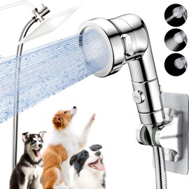 Dog Shower Attachment for Convenient Dog Bath, 3-mode High Pressure Handheld Dog Shower Head, Indoor Shower Dog Wash Sprayer Kit Includes 8.2-Foot Hose, 3-way Diverter, Dog Brush and Adhesive Holder