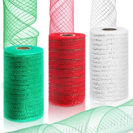Rustark 3 Rolls Each 6 Inch x 10 Yards Deco Mesh Ribbon with Metallic Foil Red Blue Green Poly Mesh Ribbon for Wreath Christmas Tree Decoration Gift Wrap DIY Craft (15cm x 1.5m/Roll)