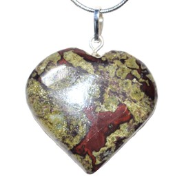 Zenergy Gems CHARGED Natural Himalayan Gemstone Crystal Puffy Heart Pendant Necklace + 20" Silver Chain + Selenite Charging Heart [Included] (Dragon's Blood Jasper)