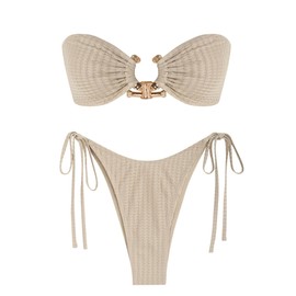 ZAFUL Bandeau Swimsuits for Women Metal Ring Tie Side Bikini Textured Swimwear 2 Piece Bathing Suit Beige L