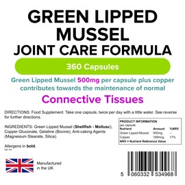 Lindens Green Lipped Mussel 500mg Capsules - 360 Pack - Joint Care Formula in Convenient, Rapid Release Capsules - UK Manufacturer, Letterbox Friendly Beige