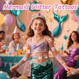Tatuajes de unicornio de sirena con purpurina para niñas, 180 tatuajes de mariposa individualmente con purpurina temporal para niños, diseño precortad