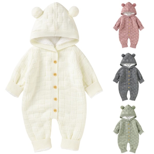 Opewod Infant Knitted Sweater Romper Longsleeve Outfit Fleece Jumpsuit for