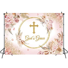 God Bless Backdrop Baptism Backdrop for Girls Baby Shower Party Decorations Pink Boho Flowers God's Grace Background First Holy Communion Christening Banner Photoshoot Props 8x6FT