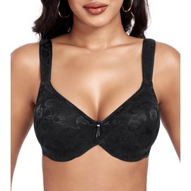 DotVol Women's Size Jacquard Underwired Mimimizer Bra Unpadded Classic Everyday Bra, black, 80E