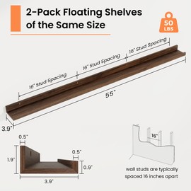 RICHFOCUS Picture Ledge Shelf, 55 inch Floating Shelves Set of 2, Wood Wall Shelves with Lip, Wall Decor Storage for Bedroom Living Room Bathroom Kitchen Nursery Photo Picture, Walnut