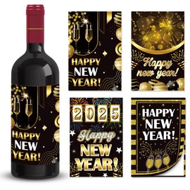 Happy New Year 2025 Wine Bottle Labels Stickers New Year Eve Party Decoration 16 Pcs New Year Eve Self Adhesive Wine Bottle Stickers Wine Bottle Decorations for New Year Eve Party