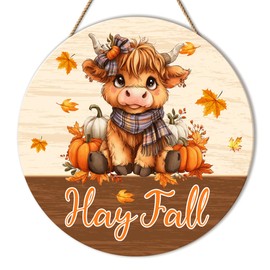 Fall Sign for Front Door Thanksgiving Decor for Home Office Porch Patio Wall Farmhouse Decoration Highland Cow Autumn Harvest Hanging Wooden Sign