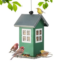 Small Metal Bird Feeders for Outdoors, Cute House Shape Bird Feeder with Window Design, Garden Terrace Hanging Birdfeeder for Finch Sparrow Warblers Little Birds - Premium Green