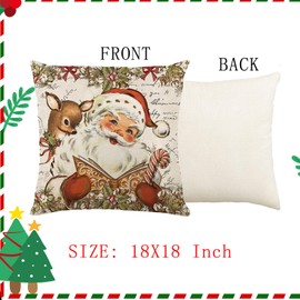 MAZSHTTD Christmas Vintage Santa Claus Pillow Covers 18 X 18 Inch Set of 4 Reindeer Bell Decorative Christmas Throw Pillow Covers Xmas Winter Retro Holiday Pillow Covers for Sofa Couch