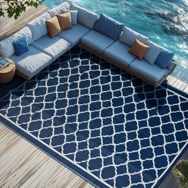 Waterproof Outdoor Rug 9x18 ft, Reversible Plastic Straw Rug, Easy to Clean Patio Rug, Portable Carpet for Patio, RV, Deck, Balcony, Backyard, Picnic, Beach, Clover, Navy Blue