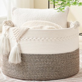 KAKAMAY Large Blanket Basket (20"x13"),Woven Baskets for storage Baby Laundry Hamper, Cotton Rope Blanket Basket for Living Room, Laundry, Nursery, Pillows, Baby Toy chest (White/Beige)