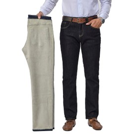 heipeiwa Men's Fleece Lined Winter Thermal Jeans Straight Leg Warm Casual Business Denim Pants